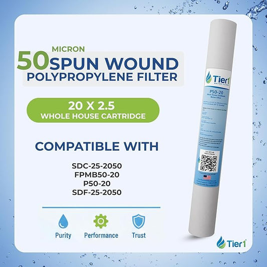 Tier1 50 Micron 20x2.5 Water Filter | Spun Wound Polypropylene Whole House Water Pre-Filter Cartridge | Replacement for Hydronix SDC-25-2050, FPMB50-20 | 2.5 x 20 Sediment Water Filter (2-Pack)