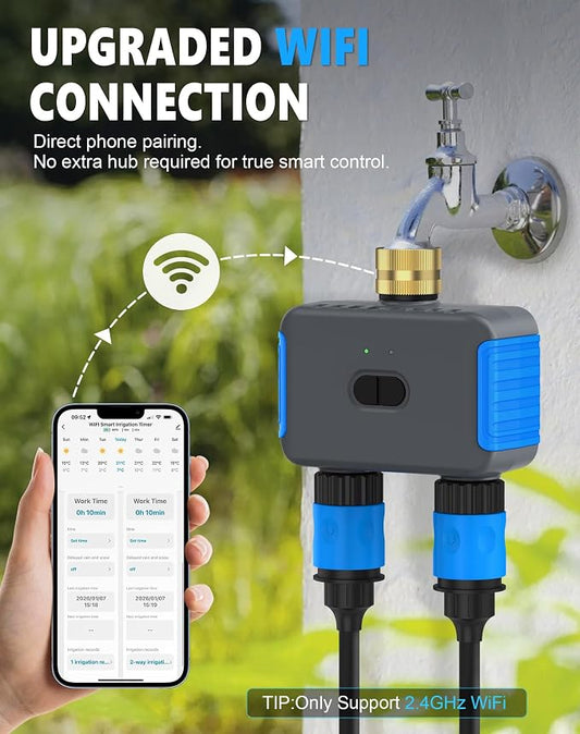 WiFi Sprinkler Timer, Smart Bluetooth Hose Timers, Water Timer for Garden Hose with APP, Digital Automatic Irrigation System Compatible with Alexa Google, for Outdoor Garden Lawn, 2 Outlet