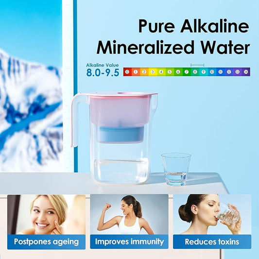 Waterdrop PT-05P-A Alkaline Water Filter Pitcher, 7-Cup, Up to pH 9.5, Pink | Mineralized Alkaline Water, Healthy, Clean & Toxin-Free, Up to 100 Gallons, BPA-Free, for Fridge, Countertop & Gift