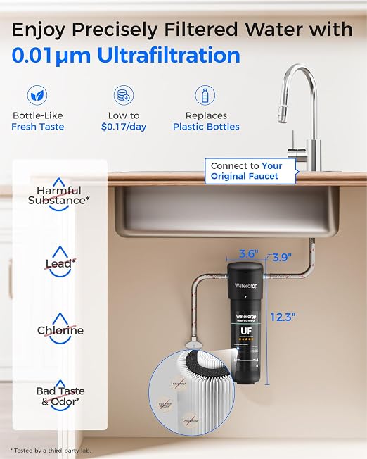 Waterdrop 10UA-UF 0.01 μm Ultra Filtration Under Sink Water Filter System | Reduces Lead, Chlorine, Bad Taste & Odor, Connects Directly to Your Faucet, 1 Year