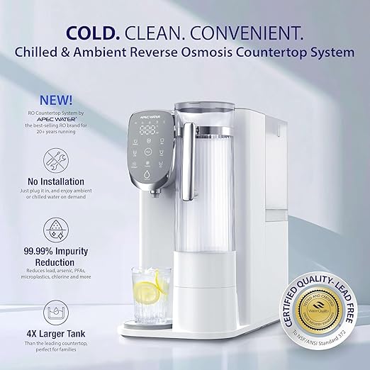 APEC Water Countertop Reverse Osmosis Water Filter, Chills Purified Water 40°F, 6 Stage w/UV RO Filtration System, Removable Pitcher, Removes 1K+ Impurities NSF 372 & 58, Quick Dispense