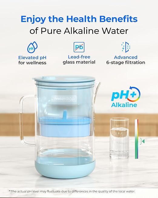 Waterdrop PT-09B-A 10-Cup Large Glass Alkaline Water Filter Pitcher, Blue | Eco-Friendly, Enhances Alkaline Water, for Home & Office, Reduces PFOA/PFOS, Chlorine, Cadmium, Copper & Mercury