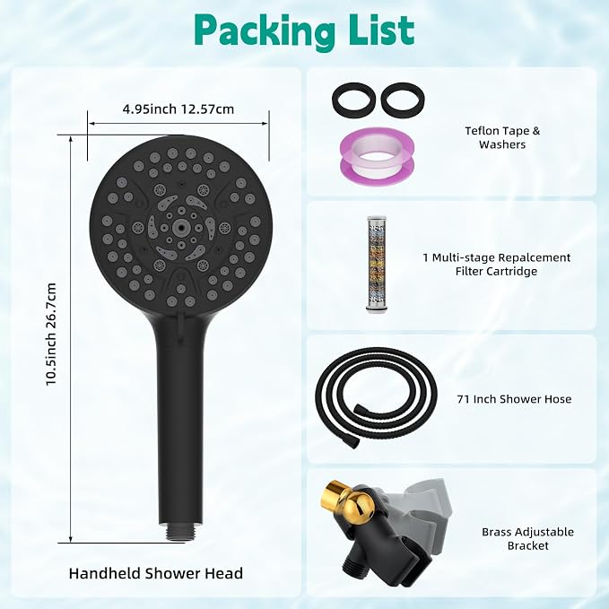 Hibbent High Pressure 10-mode Shower Head, Filtered Handheld Showerhead with Adjustable Brass Joint Holder, 71" Metal Hose, Improve Skin & Hair, Built-in Power Wash to Clean Tub & Pets, Black