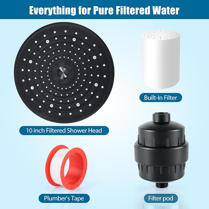 High Pressure Filtered Shower Head Combo with 15-Stage Water Softener Filter Cartridge, Effectively Removes Chlorine & Heavy Metals from Hard Water, Revitalizes Dry Skin and Adds Shine to Hair(Black)