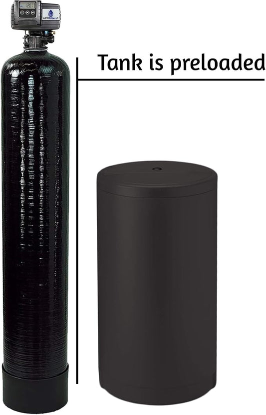 AFWFilters Whole House Water Softener System - Fleck 5600sxt Digital Meter Grain - includes bypass valve & brine tank with safety float (48k 1 Inch Bypass, Black Fine Mesh Resin)