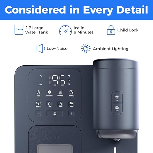 3-in-1 Water Dispenser with Ice Maker - Coffee Maker Countertop Bullet Ice Maker with 12H Timer, Hot/Cold/Warm Adjustable Volume Water, K-Cup® Ground Coffee Brewer for Home Office Studio Gift