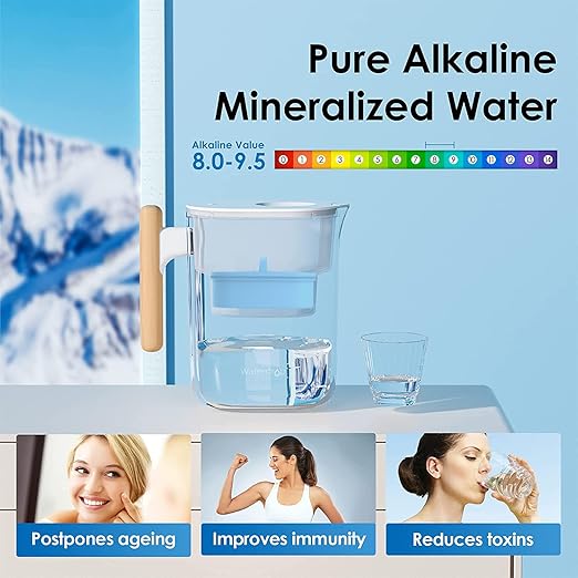 Waterdrop PT-04C-A Alkaline Water Filter Pitcher, 10-Cup Capacity, Clear | Healthy, Clean & Toxin-Free Mineralized Alkaline Water, Up to pH 9.5, BPA-Free, 100 Gallons, Sturdy Wooden Handle