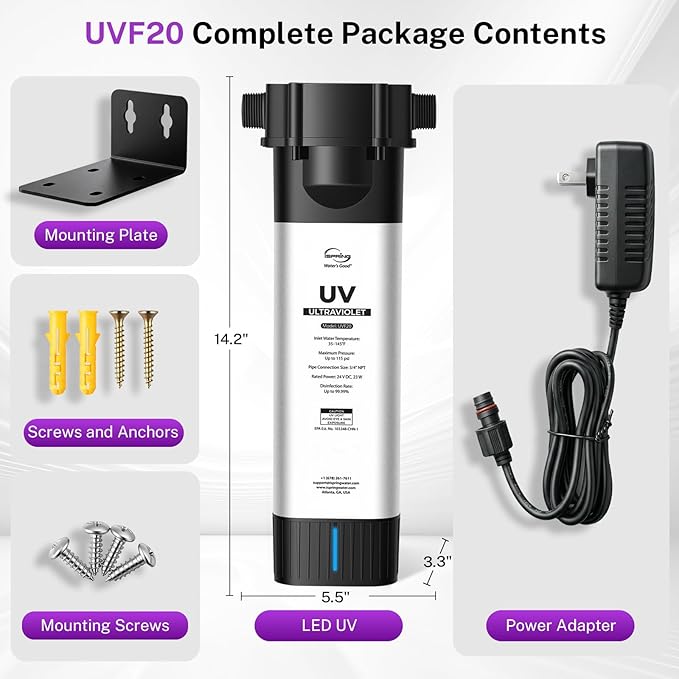iSpring UVF20 Whole House LED UV Water Filter System, Up to 11 Years Long-Life LED UV Water Purifier with Built-in Automatic Flow Control, Mercury-Free, 3/4" MNTP Inlet Outlet, Up to 12 GPM