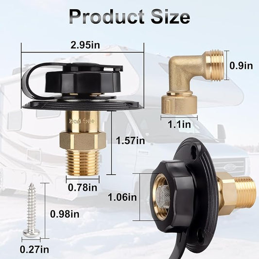 RV City Water Inlet with Check Valve – RV Water Inlet Connection, RV Water Fill Inlet with 3/4" NH Female to 1/2" NPT Male, Ideal for RV, Travel Trailers, Camping, and Boats in Black (with Hose Elbow)