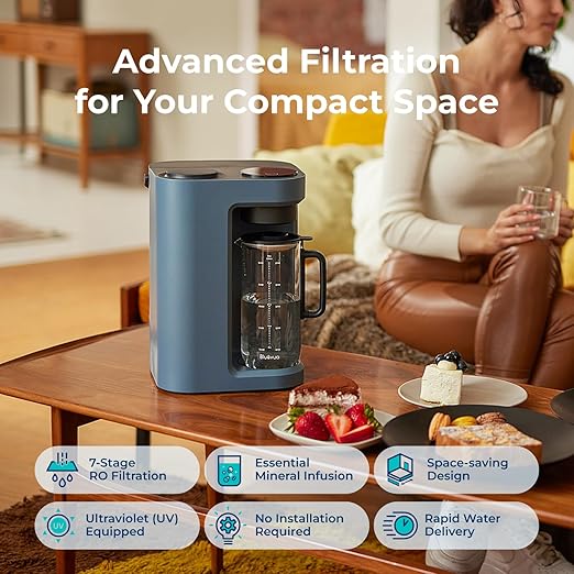 Bluevua RO100ROPOT-Lite Countertop Reverse Osmosis Water Filter System, 3:1 Pure to Drain Ratio, Portable RO Filtration with Remineralization, No Installation, WQA Certified, 7-Stage UV Blue