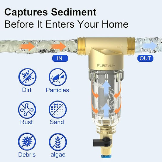 PSF1 Spin-Down Sediment Filter, Whole House Pre-Filter for Well Water & City Water, 40/100/200 Micron Reusable Stainless Steel Mesh, 1" MNPT + 3/4" FNPT & 3/4" MNPT Adapter