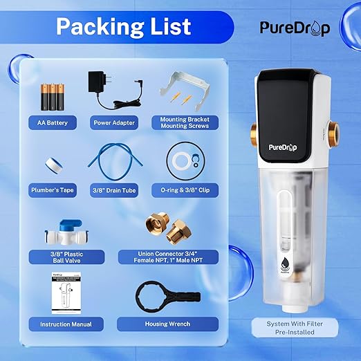 PureDrop PDR-ARB100WSP Spin Down Sediment Water Filter, Auto Flushing Module with Touch-Screen, Reusable Whole House Sediment Filter for Well Water w/Scraper, 100-Micron Prefilter Filtration System