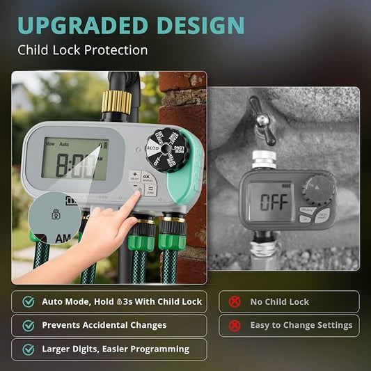 QUOBAS Sprinkler Timer for Garden Hose, Programmable Brass Water Timer | 4 Zone Hose Timer with Child Lock for Drip Irrigation, Pool, with Rain Delay/Auto/Manual, Waterproof Screen & Battery Powered