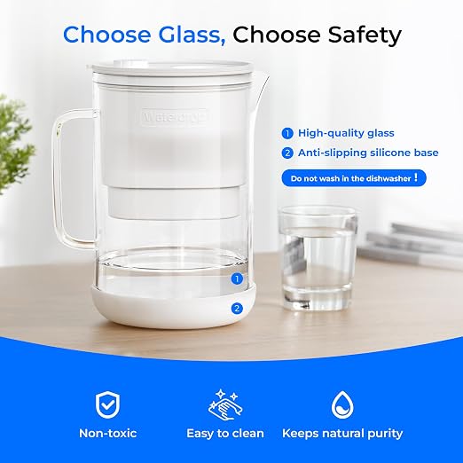 Waterdrop PT-09W 10-Cup Large Glass Water Filter Pitcher, Eco-Friendly | NSF/ANSI 53, 42 & 372 Certified Filter, Reduces PFOA/PFOS, Chlorine, Cadmium, Copper & Mercury, BPA-Free, White
