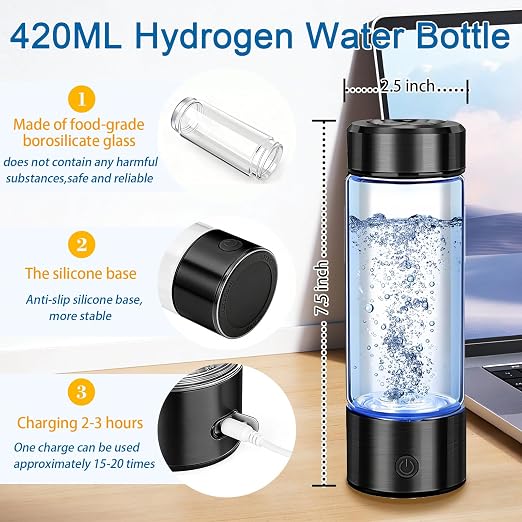 Hydrogen Water Bottle – 14oz Portable Hydrogen Water Generator with SPE/PEM Technology Rechargeable Hydrogen Rich Water Ionizer Machine for Home Gym Travel Black
