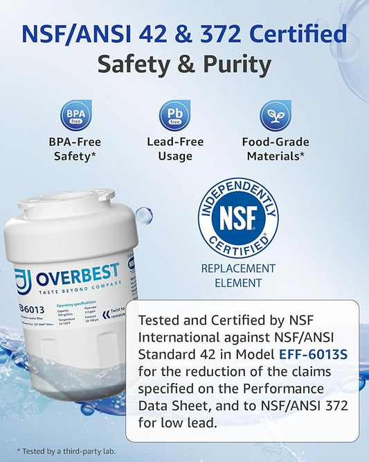 Overbest OB6013 Replacement for GE® MWF®, Smartwater® MWFP, MWFA, GWF, HDX FMG-1, WFC1201, GSE25GSHECSS, Kenmore® 9991, RWF1060 Water Filter, 3 Filters