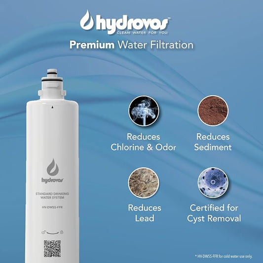 HYDROVOS Standard Under Sink Replacement Water Filter, IAPMO Certified Reduces Microplastics, Cysts, Sediment, Chlorine, Improves Taste & Odor, 2 GPM Fast Flow, Fits DWSP/DWSS Water Filter Systems