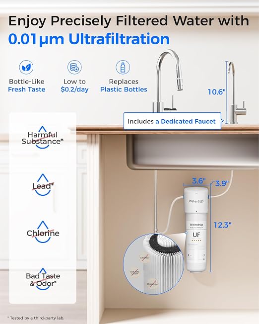 Waterdrop 10UBW-UF 0.01 μm Ultra Filtration Under Sink Water Filter System | Reduces Lead, Chlorine, Bad Taste & Odor, 1 Year, with Dedicated Brushed Nickel Faucet