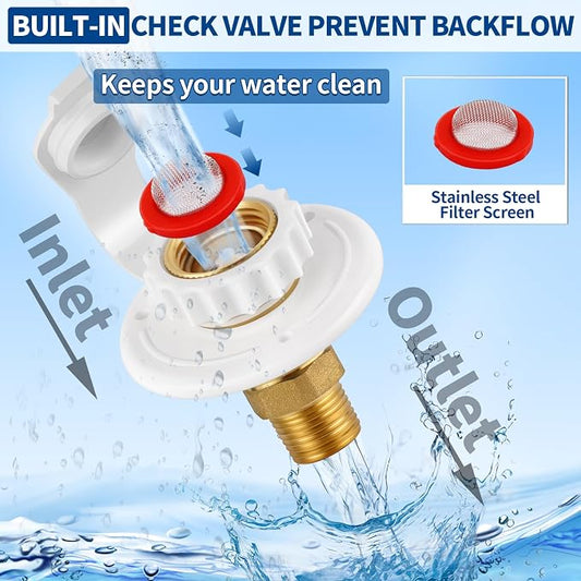 RV City Water Fill Inlet Flange Check Valve Water Hookup Connector 3/4 NH Female to 1/2 NPT Male Mount Lead-Free Brass Flush RV Water Backflow Preventer with Dust Plug for RV Camper Motorhome