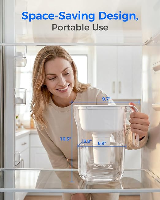 Waterdrop PT-11W 7-Cup Water Filter Pitcher with 3 Replacement Filters, Can Work with Brita® Water Pitchers & Filters, BPA-Free, Fast Flow, Reduces Chlorine and Lead, Up to 6 Months, White