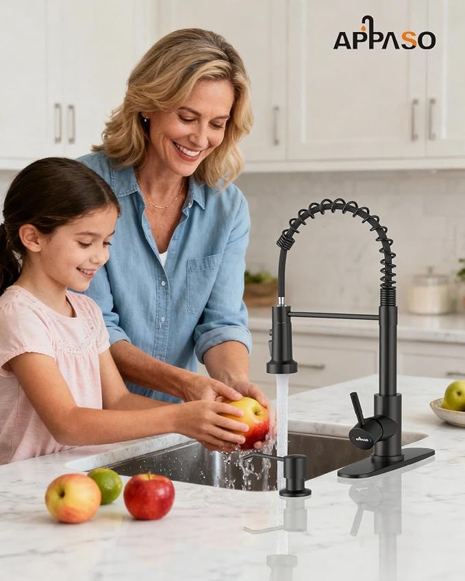 APPASO Black Kitchen Faucet with Soap Dispenser & Pull Down Sprayer | NSF/ANSI/CAN 372 & Lead-free, SUS304 Stainless Steel 3 Modes Faucet for Farmhouse, Bar & RV