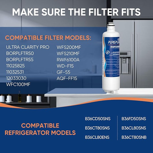 PUREPLUS BORPLFTR50 Replacement for Bosch 11025825 Ultra Clarity Pro Refrigerator Water Filter, Compatible with 12033030, 12028325,11025825, BORPLFTR55, WFC100MF, B36CT80SNS, B36CL80ENS, 2Pack