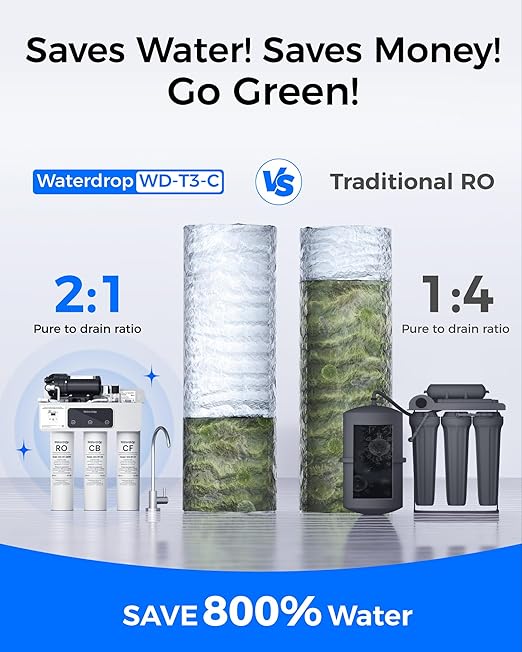 Waterdrop T3-C RO Water Filtration System, Plug-in Required, 450 GPD | 8-Stage, NSF/ANSI 372 Certified, Under-Sink RO Water Filter, 2:1 Pure-to-drain, Smart Filter Alerts & Auto-Flush, BPA-Free