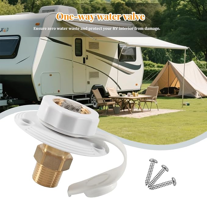 RV City Water Inlet with Check Valve, 3/4'' NH Female to 1/2" NPT Male Brass Motorhome Water Fill Inlet Connection, Camper Liquid Hose Connector, Universal for Trailer Camper RV (White)