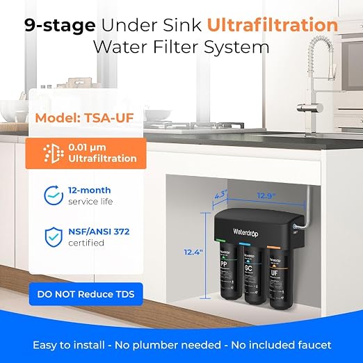 Waterdrop WD-TSA-UF 0.01 μm Ultra Filtration Under Sink Water Filter System | Reduces Chlorine, Taste and Odor, Fluoride, 9 Stage Under Sink Water Filtration System, Connects Directly to Your Faucet
