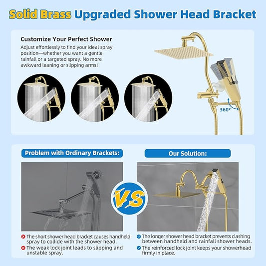 Hibbent All Metal cUPC Certified Shower Head, 10'' High Pressure Rainfall Shower Head Combo, Handheld Shower Wand, 12'' Adjustable Extension Arm, 4-Spray, 71'' Hose, Shower Holder, Brushed Gold