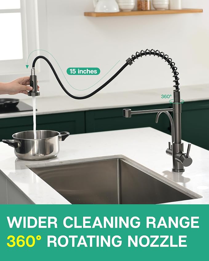 GIMILI 3 in 1 Kitchen Faucet with Pull Down Sprayer Black Stainless Two Handle Kitchen Sink Faucet with Under Sink Water Filter System Reduces PFAS, PFOA/PFOS, Lead, Chlorine, Bad Taste & Odor