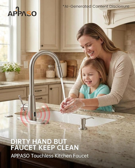 APPASO Kitchen Faucet Touchless with Soap Dispenser and Pull Down Sprayer | S304 Stainless Steel Brushed Nickel Motion Sensor Hands Free Sink Faucets 2 Modes with cUPC Lead-Free Certified Water Hoses