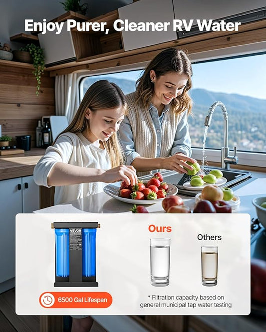 VEVOR RV Water Filter with Bracket, 2-Cartridge 2.5 x 10 in Water Filter System for RVs, Remove Chlorine, Bad Tastes, Odors, and Most Contaminants, for Campers, Boats, Vans