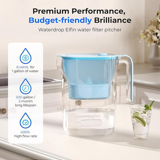 Waterdrop PT-05B-L Water Filter Pitcher, 7-Cup, NSF Certified, Blue | 200-Gallon Long-Life Filter Purifier, Reduces Chlorine and PFOA/PFOS, Replaces 6,400 Plastic Water Bottles a Year