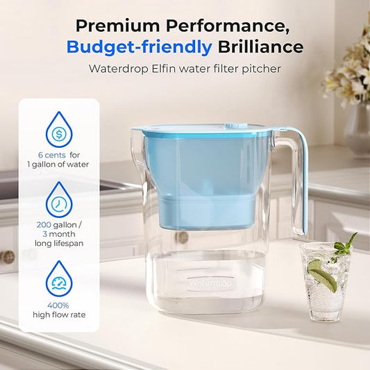 Waterdrop PT-05B-L Water Filter Pitcher, 7-Cup, NSF Certified, 200-Gallon Long-Life Filter Purifier, Reduces Chlorine and PFOA/PFOS, for Countertop, Replaces 6,400 Plastic Water Bottles a Year, Blue