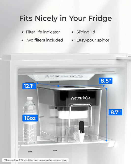 Waterdrop WFD-22L-DF Water Filter Dispenser, 40-Cup Water Purifier, 2 Built-in Filters, 8X Faster Filtration, 400-Gallon Lifespan, 10X Longer Lifetime, Reduces Chlorine, PFOA/PFOS, Black
