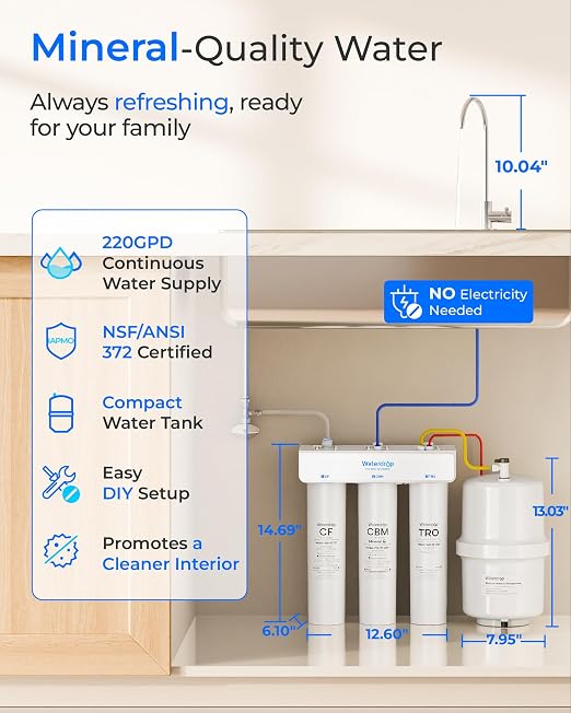 Waterdrop T3-T Remineralization Reverse Osmosis System, 220 GPD Faster Flow | No Power Needed, 7-Stage Filtration, Under-Sink RO Water Fiter, NSF/ANSI 372 Certified, 2:1 Pure to Drain, Easy Installation