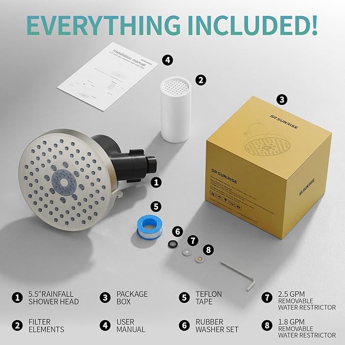 SR SUN RISE Filtered Shower Head - High Pressure Rain Shower Head with 20-Stage Filter,6 Spray Modes for Hard Water Softener, Remove Chlorine & Heavy Metals (Brushed Nickel, 5.6 Inch Round)