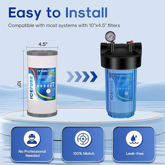 ICEPURE 5 Micron 10" x 4.5" Whole House Sediment Activated Carbon and KDF Water Filter Compatible with GE FXHTC, GXWH40L, RFC-BBSA W50PEHD Whirlpool WHKF-GD25BB GXWH35F GNWH38S Dupont WFHD13001, 1PACK