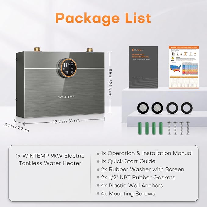 9kW Tankless Water Heater Electric 240V, On-Demand Instant Hot Water | Automatically Maintains Water Temperature Instant Water Heater Under Sink Self-Modulating Technology ETL Certified Eco