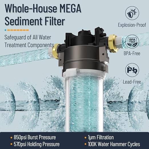 Whole House Water Filter System, MEGA Spin Down Sediment Filter, 1-10mircon PP Filter+Carbon Block Reduces Chlorine, Sediment&Odor, No-Shutoff Maintenance, 1" MNPT + 3/4" FNPT, White