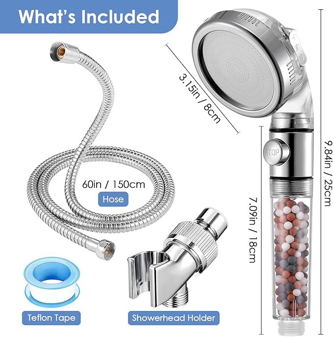 Vacto High Pressure Handheld Shower Head with Filter, Shower Head Kits with Hose and Bracket, Hard Water Softener Water Purifying Filtered Showerheads with Filter Beads