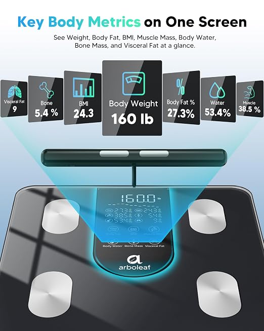 arboleaf Smart Scale for Body Weight, Dual-Frequency 8-Electrode BIA | 7-in-1 display shows key stats fast; App unlocks 50+ metrics, trend charts, family profiles, plus data syncing and reports