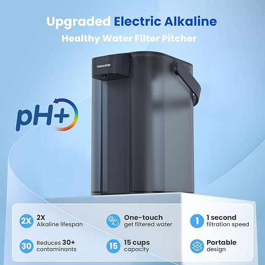 Waterdrop ED01AB Alkaline Electric Water Filter Pitcher, 15-Cup, White | Rechargeable Water Dispenser with 1 Filter, Instant 200-Gallon Countertop Purifier, Reduce PFOA/PFOS, Chlorine, Lead