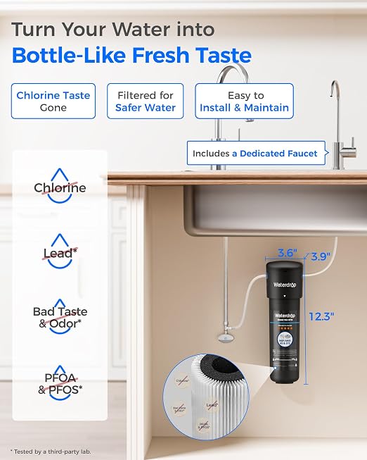 Waterdrop 10UB Under Sink Water Filter System with Dedicated Faucet | Reduces PFAS, PFOA/PFOS, Lead, Chlorine, Bad Taste & Odor, Under Sink Water Filter, NSF/ANSI 42 Certified, 1 Year