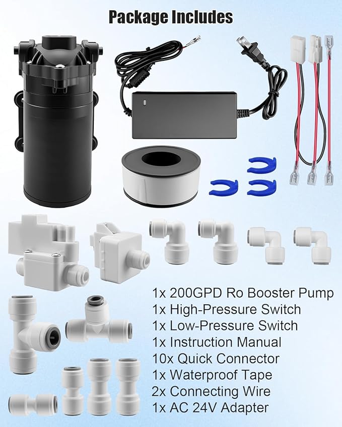 Water Booster Pump for 200GPD Home RO System, Water Filtration System High Pressure Pump with Auto On/Off Switch, Easy Installation Kit for Reverse Osmosis Systems