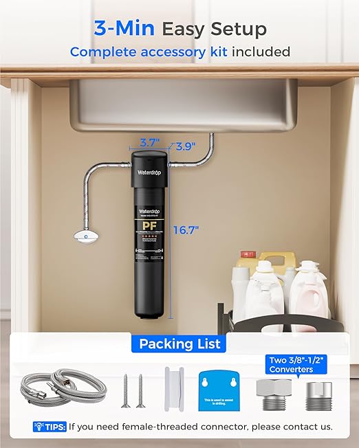 Waterdrop 15UA-PF Under Sink Water Filter System, Reduce 80+ Impurities | Reduce 99.9% PFOA, 99.8% PFOS, 96% Chloramine, Fluoride, VOCs, Chloroform, Connects Directly to Your Faucet (Filter: RF15-PF)