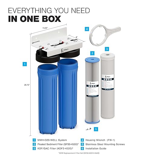 iFilters 2-Stage 20″ Well Water Whole House Filtration System | Dual-Stage Sediment & GAC/KDF Filters | Reduces Rust, Iron Sediment, Chlorine, Odor & Taste | 1″ Ports