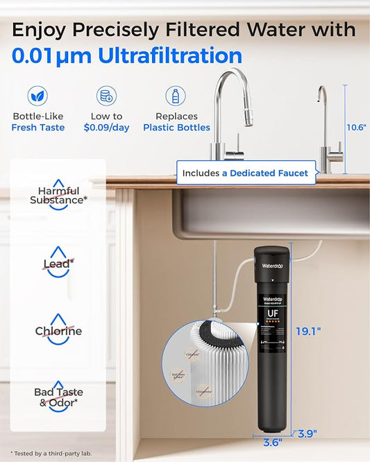 Waterdrop 17UB-UF 0.01 μm Ultra Filtration Under Sink Water Filter System | Reduces Lead, Chlorine, Bad Taste & Odor, with Dedicated Brushed Nickel Faucet, 3 Years