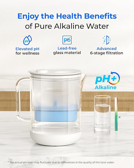 Waterdrop PT-72C-A Glass Alkaline Water Filter Pitcher, 7-Cup, Blue | Eco-Friendly, Enhances Alkaline Water, for Home & Office, Reduces PFOA/PFOS, Chlorine, Cadmium, Copper & Mercury
